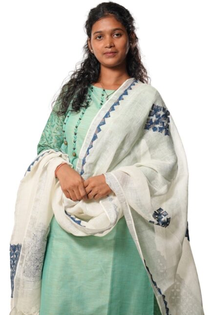 Handmade Pure Linen Applique Cut Work Dupatta (Blue & White)