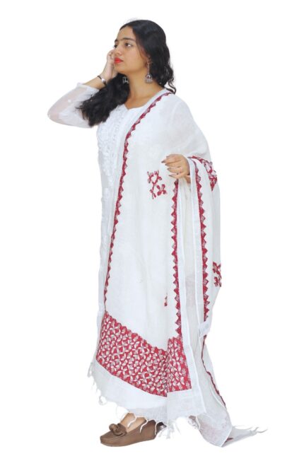 Handmade Pure Linen Applique Cut Work Dupatta (Maroon & white)