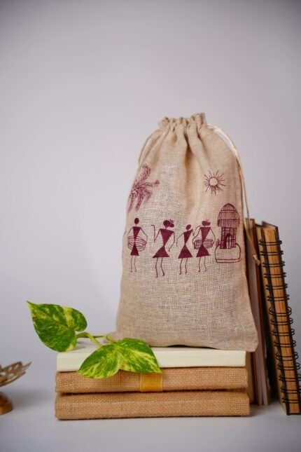 Warli Hand-printed Jute Pouch (Set Of 5)