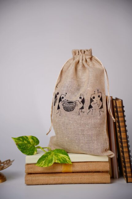 Warli Hand-printed Jute Pouch (Set Of 5)